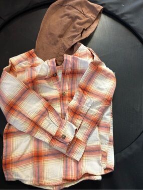 Carter's Orange and Brown Plaid Button-Down Hooded Shirt